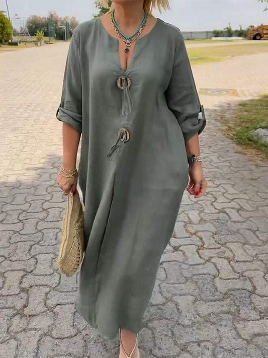 ✨Fånga sommarkänslan i vårvinden👒Casual V-ringad klänning i bomull och linne👗