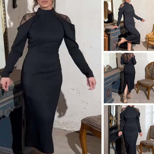 👗Elegant midiklänning för damer med ståkrage och spetsdetaljer på ryggen