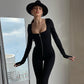 Slimmad Passform Långärmad Dragkedja Jumpsuit