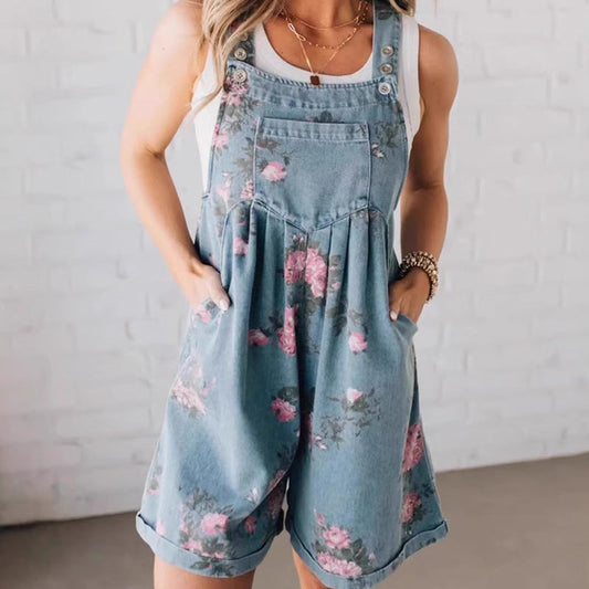 🌸2025 Nytt mode🌸 Denim-jumpsuit med vintageblommigt tryck