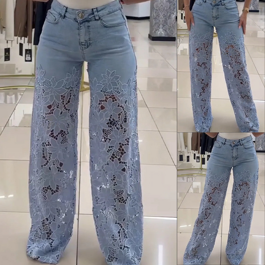 Moderiktiga Denimjeans med Spetsdetaljer