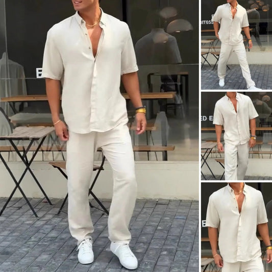✨Populära produkter med 50 % rabatt✨Kortärmade toppar med kavajslag för män ＆ byxor 2-delat set👔
