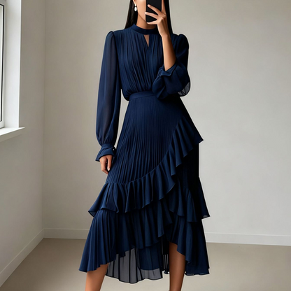 👗💕 50% RABATT! Begränsad Tid | Damernas Midi-klänning med Nyckelhålshals & Volangkant