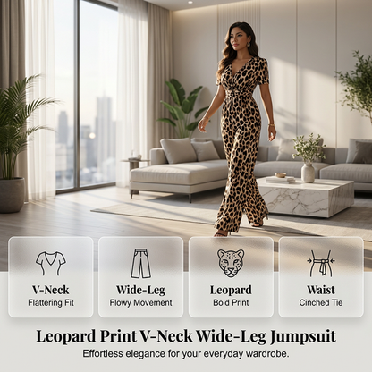 👗 50% RABATT! 🐆 Jumpsuit med Leopardmönster, V-ringning & Vida Ben – Elegant, Figursydd & Perfekt För En Trendig Look 🌸