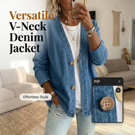⏳Begränsad tid 50 % Rabatt⏰Klassisk jeansjacka för damer – V-ringning, knappar fram & avslappnad passform 👖🧥