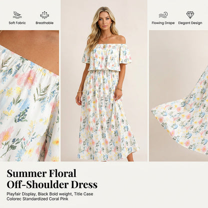 👗 50% RABATT NU! 🌸 Tryckt Off-Shoulder Kortärmad Maxiklänning – Blommönster, Rynkad Liv & Dolda Fickor För En Avslappnad Elegans ✨