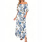 👗 50% RABATT NU! 🌸 Tryckt Off-Shoulder Kortärmad Maxiklänning – Blommönster, Rynkad Liv & Dolda Fickor För En Avslappnad Elegans ✨