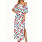 👗 50% RABATT NU! 🌸 Tryckt Off-Shoulder Kortärmad Maxiklänning – Blommönster, Rynkad Liv & Dolda Fickor För En Avslappnad Elegans ✨