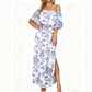 👗 50% RABATT NU! 🌸 Tryckt Off-Shoulder Kortärmad Maxiklänning – Blommönster, Rynkad Liv & Dolda Fickor För En Avslappnad Elegans ✨