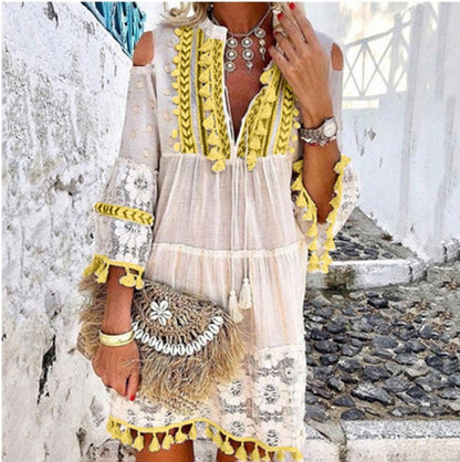 👗 50% RABATT NU!🌸 Dam Lös Bomull Linne Broderad Klänning – Andningsbar & UV-skydd – Sommar Essential ☀️