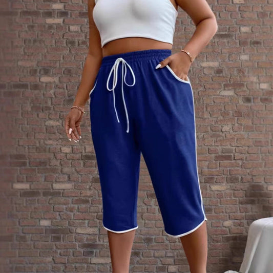 👖 50% RABATT NU! 🌿 Dam Dragkedja Capri Byxor med Fickor – Justerbar Midja & Andningsbar VäV – Avslappnad Passform & Kontrast Bård 🚶‍♀️