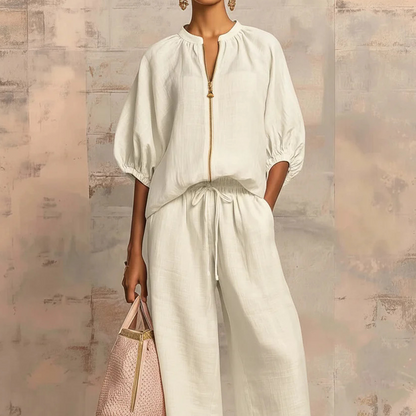 👚 50% RABATT NU! 💃 Damernas Enfärgad 2-Delars Casual Tracksuit Set – Puffärmar & Vida Byxor ✨