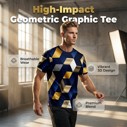 Herr T-shirt med 3D Geometriskt Tryck och Rund Hals