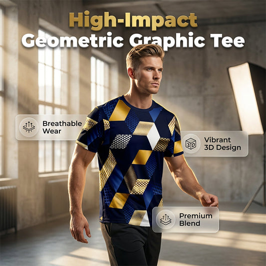 Herr T-shirt med 3D Geometriskt Tryck och Rund Hals