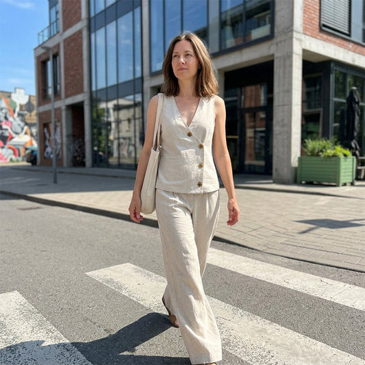 💃 Elegant väst-set med vida ben – asymmetrisk knapprad, smickrande siluett & luftig passform, perfekt för både fest & vardag 🌿