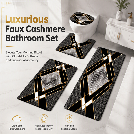 🛁 BEGRÄNSAD TID 50% RABATT! 🧴 4-delat Badrumsmattset i Konstkäshmyr med Rektangulär Matta, U-formad Toalettmatta, Toalock och Lång Löpare 🧽