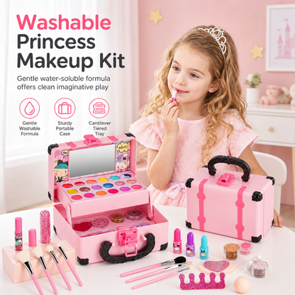 Kids Pretend Play Makeup Kit for Girls Stage Performance Cosmetics and Eyeshadow Toy Set with Carrying Case