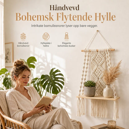 🌿50% RABATT✨Bohemskt handvävt makramé vägghengt flytande hylla för böcker och växter, skapar mysig hemkänsla🏠