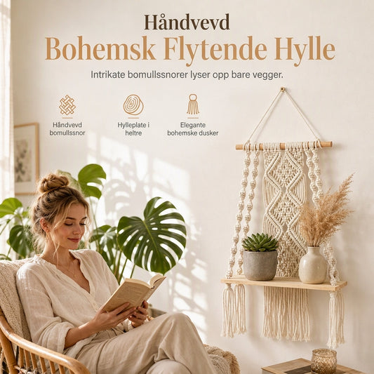 🌿50% RABATT✨Bohemskt handvävt makramé vägghengt flytande hylla för böcker och växter, skapar mysig hemkänsla🏠