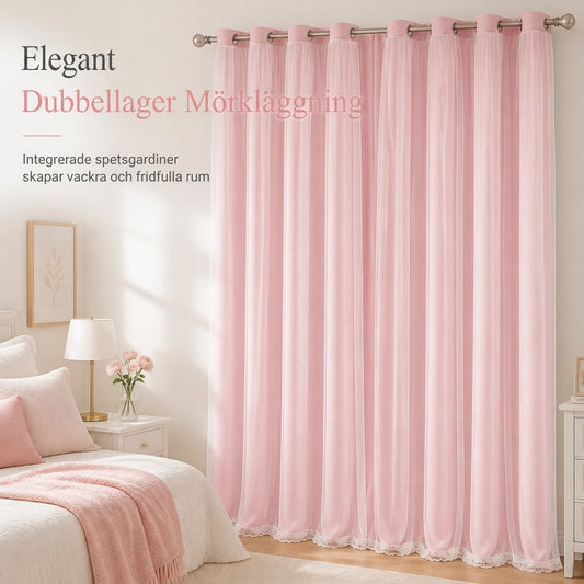🚪 50% RABATT! 💖 Dubbellagrad mörkläggningsgardin med transparent överlagring, hålband, för sovrum och barnrum ✨