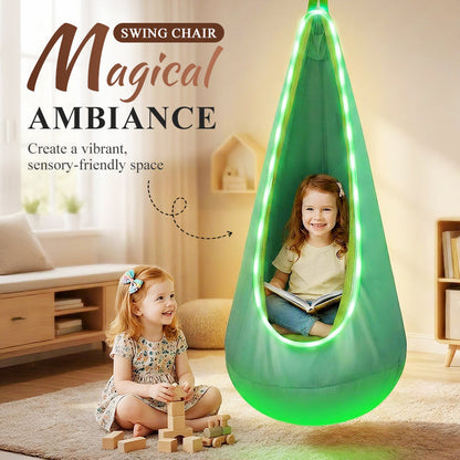 ✨ 50% RABATT! 🌈 Hänggunga / Sinnesgunga med LED-Belysning & Kudde för Barn – Mysig Hängstol & Kojgunga för Lek och Vila (Klarar 200 kg) 🧸