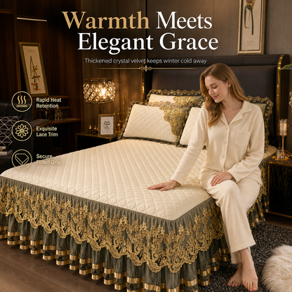 🛏️ 50% RABATT! ✨ Quiltad Sängkappa i Sammet med Spetskant & Halkskydd – Lyxigt & Värmande Sängöverkast 💤